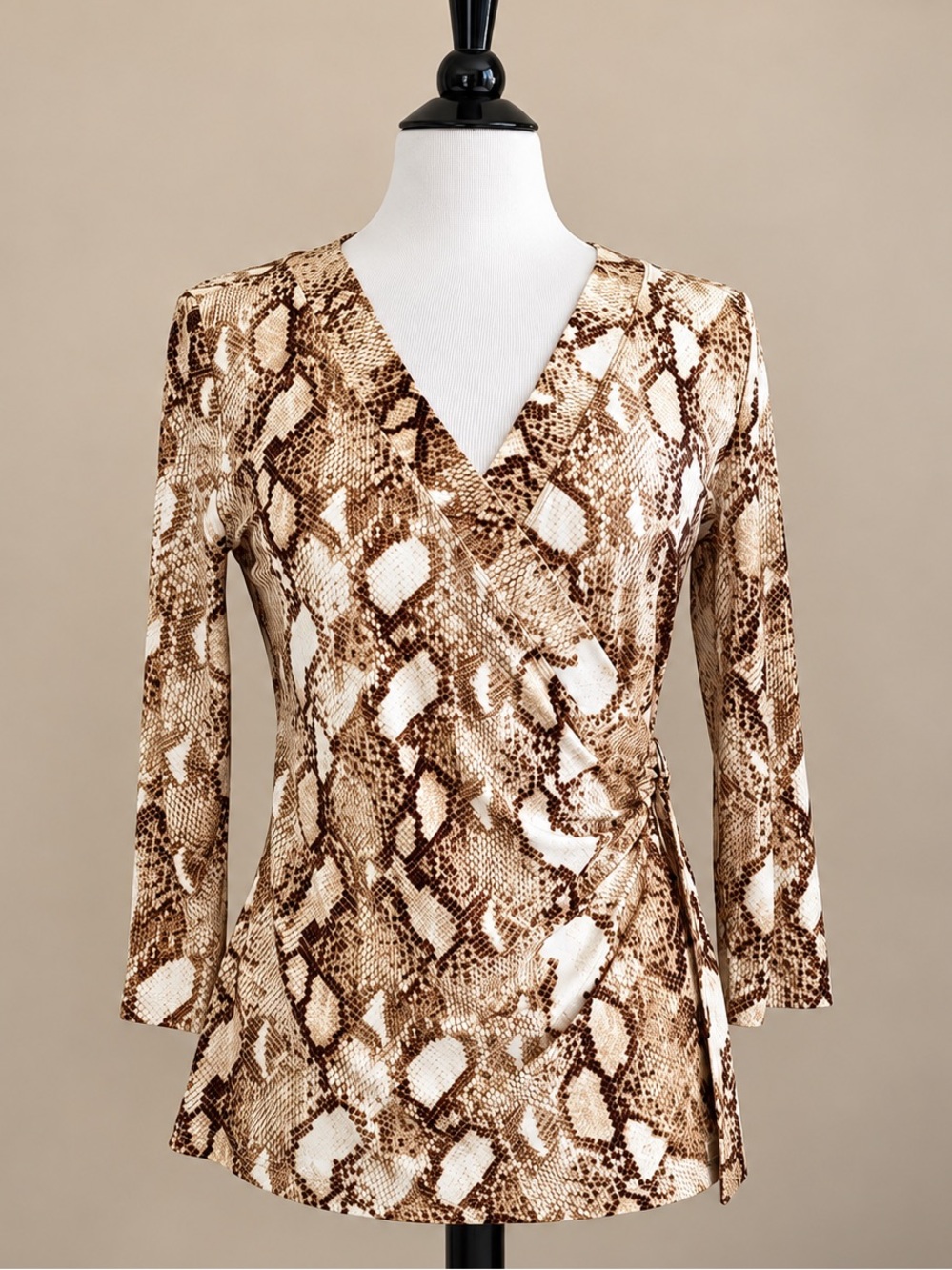 Lauren Ralph Lauren L Snakeskin Python Print Ruched Ring Wrap Top Brown Cream